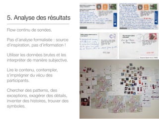 5. Analyse des résultats
Flow continu de sondes.
Pas d’analyse formalisée : source
d’inspiration, pas d’information !
Utiliser les données brutes et les
interpréter de manière subjective.
Lire le contenu, contempler,
s’imprégner du vécu des
participants.
Chercher des patterns, des
exceptions, exagérer des détails,
inventer des histoires, trouver des
symboles.
Source Gaver et al. (1999)
 