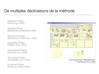 De multiples déclinaisons de la méthode
Domestic Probes
(Hemmings, 2002)
!
Empathy Probes
(Mattelmäki et Battarbee, 2002)
!
Experience Probes
(Buchenau et Fulton-Suri, 2000)
!
Experiential Probes
(Peeters et al., 2013)
!
Informational Probes
(Crabtree et al., 2003)
!
Technology Probes
(Hutchinson et al., 2003)
!
Emotional Probes
(Chang et Huang, 2009)
Technology probe “MessageProbe”
(Hutchinson et al., 2003)
 