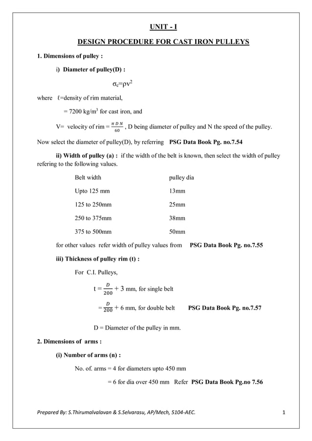 Design procedure for Cast iron pulley, Flat belt drive, V belt drive