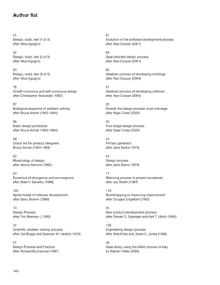 Author list


51                                               87
Design, build, test (1 of 3)                     Evolution of the software development process
after Alice Agogino                              after Alan Cooper (2001)

52                                               88
Design, build, test (2 of 3)                     Goal-directed design process
after Alice Agogino                              after Alan Cooper (2001)

53                                               90
Design, build, test (3 of 3)                     Idealized process of developing buildings
after Alice Agogino                              after Alan Cooper (2004)

18                                               91
Unself-conscious and self-conscious design       Idealized process of developing software
after Christopher Alexander (1962)               after Alan Cooper (2004)

97                                               25
Biological sequence of problem solving           Overall, the design process must converge
after Bruce Archer (1963-1964)                   after Nigel Cross (2000)

98                                               30
Basic design procedure                           Four-stage design process
after Bruce Archer (1963-1964)                   after Nigel Cross (2000)

99                                               43
Check list for product designers                 Primary generator
Bruce Archer (1963-1964)                         after Jane Darke (1978)

93                                               44
Morphology of design                             Design process
after Morris Asimow (1962)                       after Jane Darke (1978)

24                                               17
Dynamics of divergence and convergence           Matching process to project complexity
after Bela H. Banathy (1996)                     after Jay Doblin (1987)

122                                              119
Spiral model of software development             Bootstrapping or improving improvement
after Barry Boehm (1986)                         after Douglas Engelbart (1992)

10                                               55
Design Process                                   New product development process
after Tim Brennan (~1990)                        after Steven D. Eppinger and Karl T. Ulrich (1995)

37                                               128
Scientiﬁc problem solving process                Engineering design process
after Cal Briggs and Spencer W. Havlick (1976)   after Atila Ertas and Jesse C. Jones (1996)

41                                               48
Design Process and Practice                      Case study, using the AIGA process in Iraq
after Richard Buchannan (1997)                   by Nathan Felde (2003)




140
 