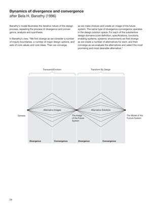 Dynamics of divergence and convergence
after Bela H. Banathy (1996)

Banathy’s model illustrates the iterative nature of the design   as we make choices and create an image of the future
process, repeating the process of divergence and conver-         system. The same type of divergence-convergence operates
gence, analysis and sysnthesis.                                  in the design solution space. For each of the substantive
                                                                 design domains (core deﬁnition, speciﬁcations, functions,
In Banathy’s view, “We ﬁrst diverge as we consider a number      enabling systems, systemic environment) we ﬁrst diverge
of inquiry boundaries, a number of major design options, and     as we create a number of alternatives for each, and then
sets of core values and core ideas. Then we converge,            converge as we evaluate the alternatives and select the most
                                                                 promising and most desirable alternative.”




24
 