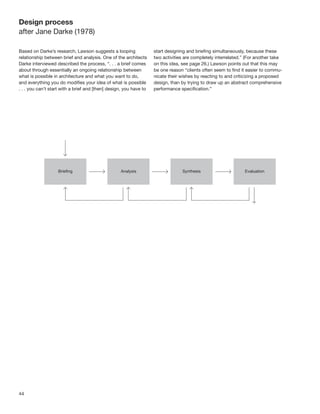 Design process
after Jane Darke (1978)

Based on Darke’s research, Lawson suggests a looping                start designing and brieﬁng simultaneously, because these
relationship between brief and analysis. One of the architects      two activities are completely interrelated.” (For another take
Darke interviewed described the process, “. . . a brief comes       on this idea, see page 26.) Lawson points out that this may
about through essentially an ongoing relationship between           be one reason “clients often seem to ﬁnd it easier to commu-
what is possible in architecture and what you want to do,           nicate their wishes by reacting to and criticizing a proposed
and everything you do modiﬁes your idea of what is possible         design, than by trying to draw up an abstract comprehensive
. . . you can’t start with a brief and [then] design, you have to   performance speciﬁcation.”




44
 