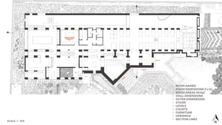 SCALE : 1 : 100
• ROOM NAMES
• ROOM DIMENSIONS (l x b)
• ROOM AREAS (M.Sq)
• WALL DIMENSIONS
• OUTER DIMENSIONS
• STAIRS
• LEVELS
• COURTS
• FURNITURE
• OPENINGS
• SECTION LINES
 