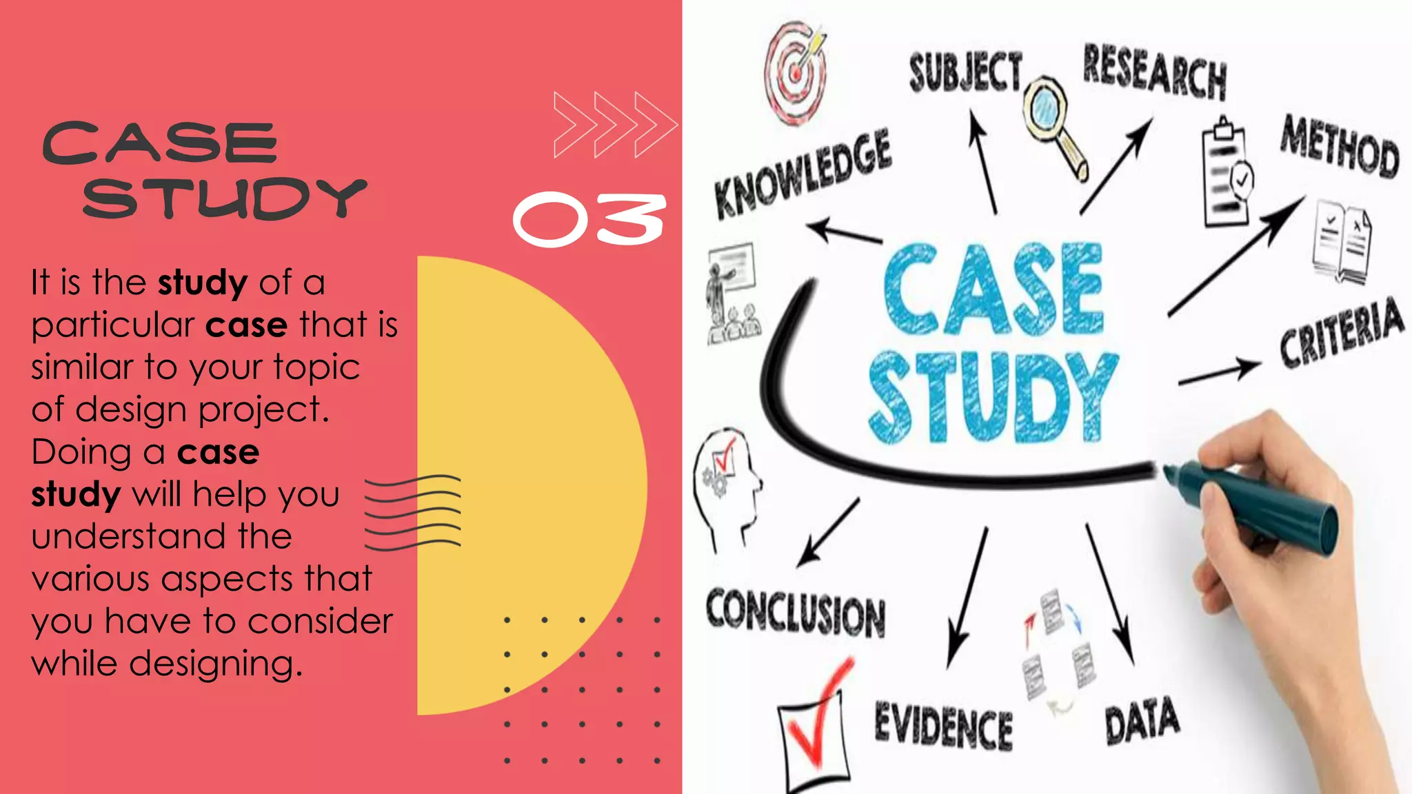 Case
study
03
It is the study of a
particular case that is
similar to your topic
of design project.
Doing a case
study will help you
understand the
various aspects that
you have to consider
while designing.
 