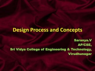 Design Process and Concepts
                                    Saranya.V
                                      AP/CSE,
Sri Vidya College of Engineering & Technology,
                                 Virudhunagar
 