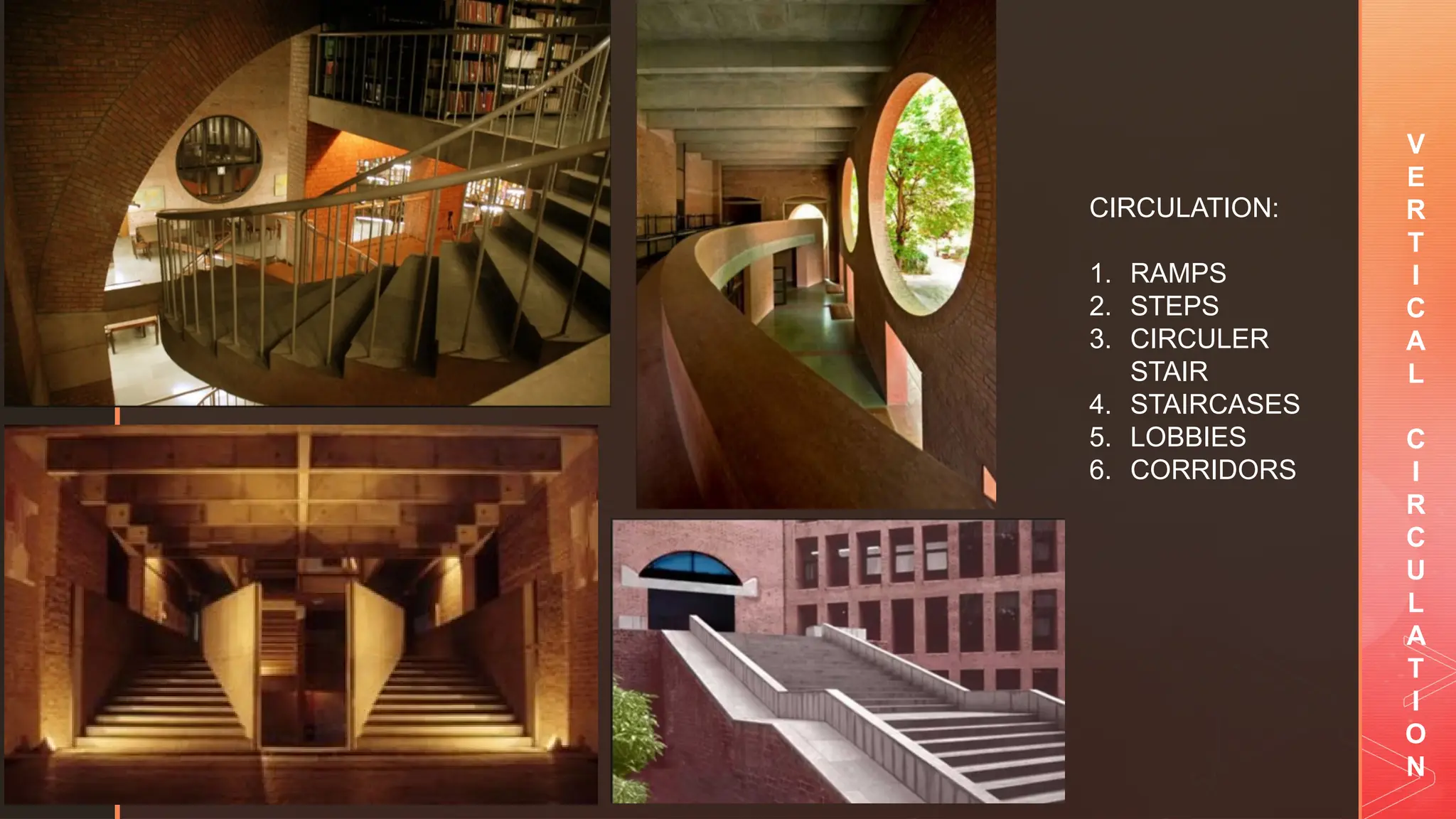 z
V
E
R
T
I
C
A
L
C
I
R
C
U
L
A
T
I
O
N
CIRCULATION:
1. RAMPS
2. STEPS
3. CIRCULER
STAIR
4. STAIRCASES
5. LOBBIES
6. CORRIDORS
 