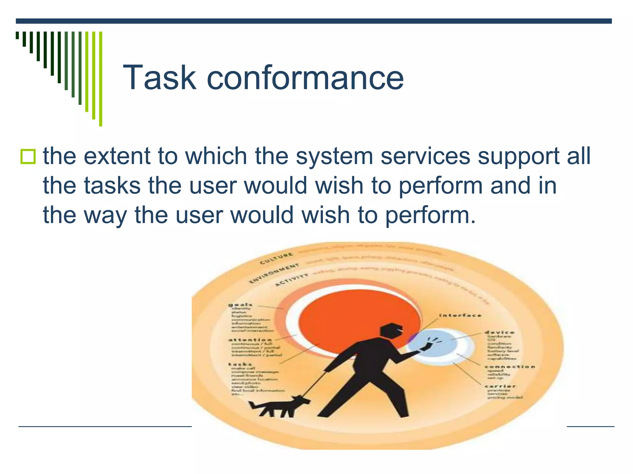 Task conformance
 the extent to which the system services support all
the tasks the user would wish to perform and in
the way the user would wish to perform.
 