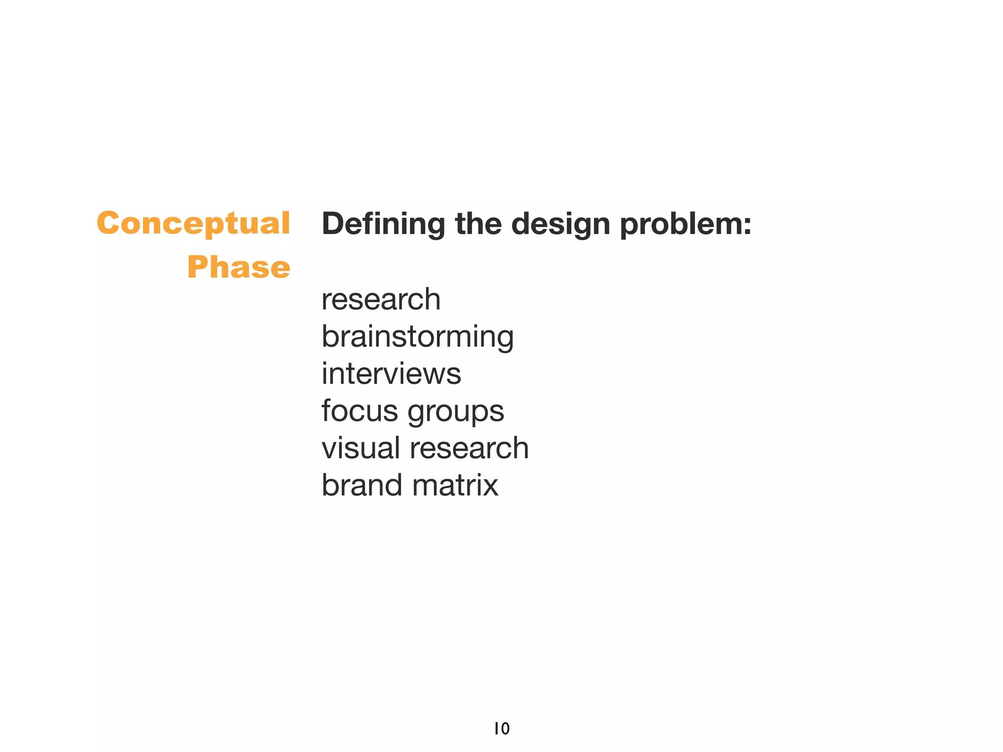Deﬁning the design problem:
research
brainstorming
interviews
focus groups
visual research
brand matrix
Conceptual
Phase
10
 