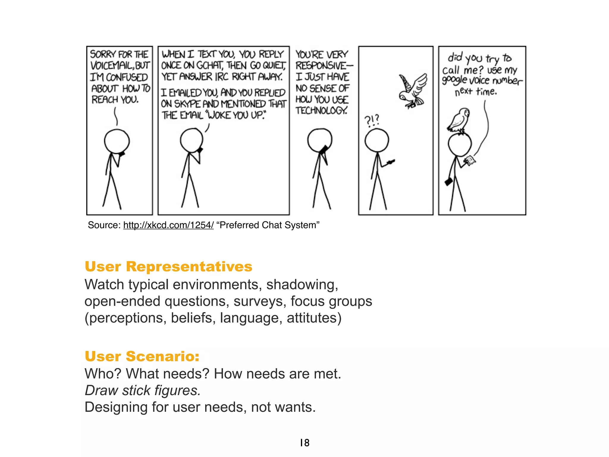 User Representatives
Watch typical environments, shadowing,
open-ended questions, surveys, focus groups
(perceptions, beliefs, language, attitutes)
User Scenario:
Who? What needs? How needs are met.
Draw stick figures.
Designing for user needs, not wants.
18
Source: http://xkcd.com/1254/ “Preferred Chat System”
 