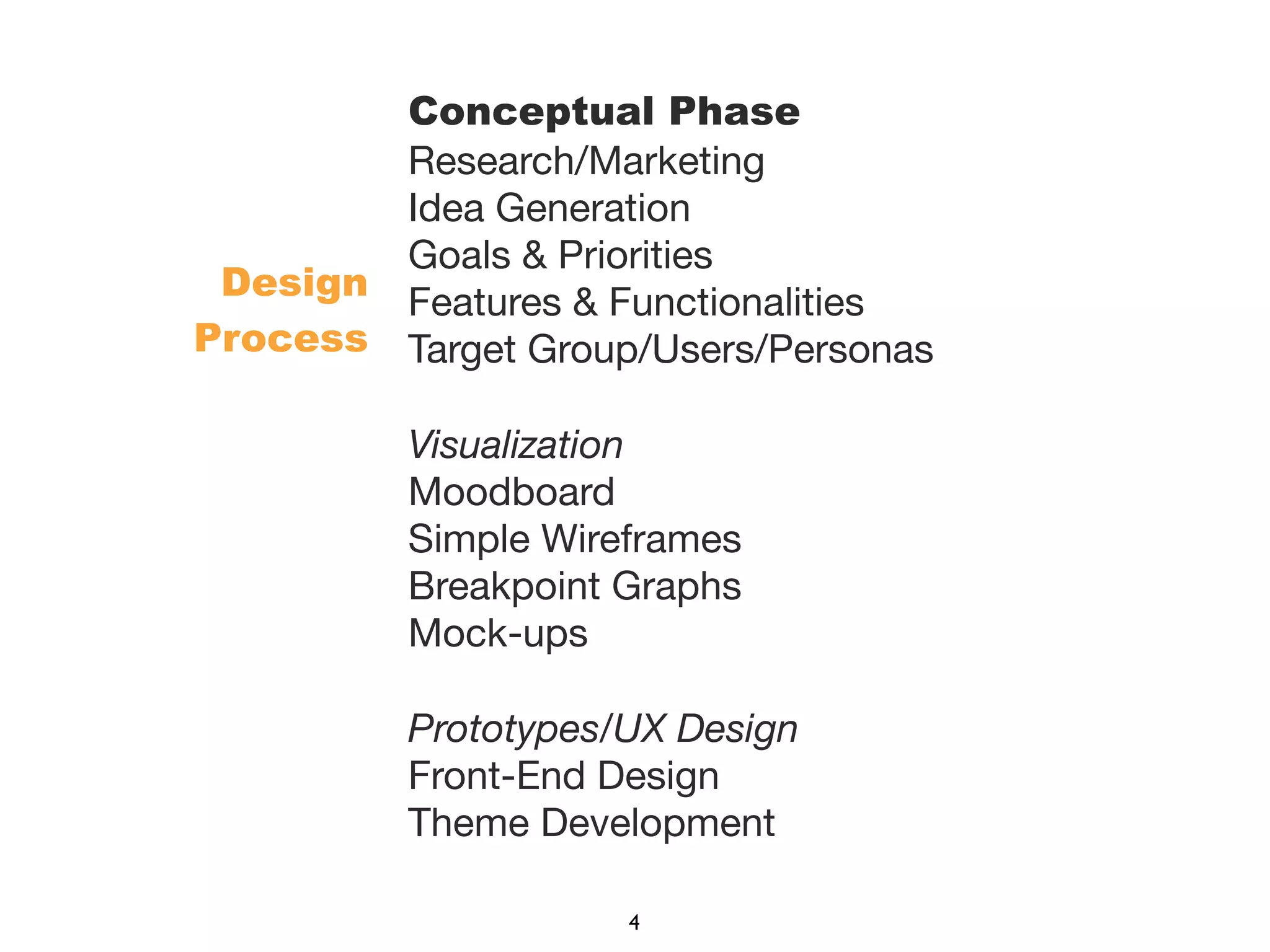 Conceptual Phase
Research/Marketing
Idea Generation
Goals & Priorities
Features & Functionalities
Target Group/Users/Personas
Visualization
Moodboard
Simple Wireframes
Breakpoint Graphs
Mock-ups
Prototypes/UX Design
Front-End Design
Theme Development
Design
Process
4
 