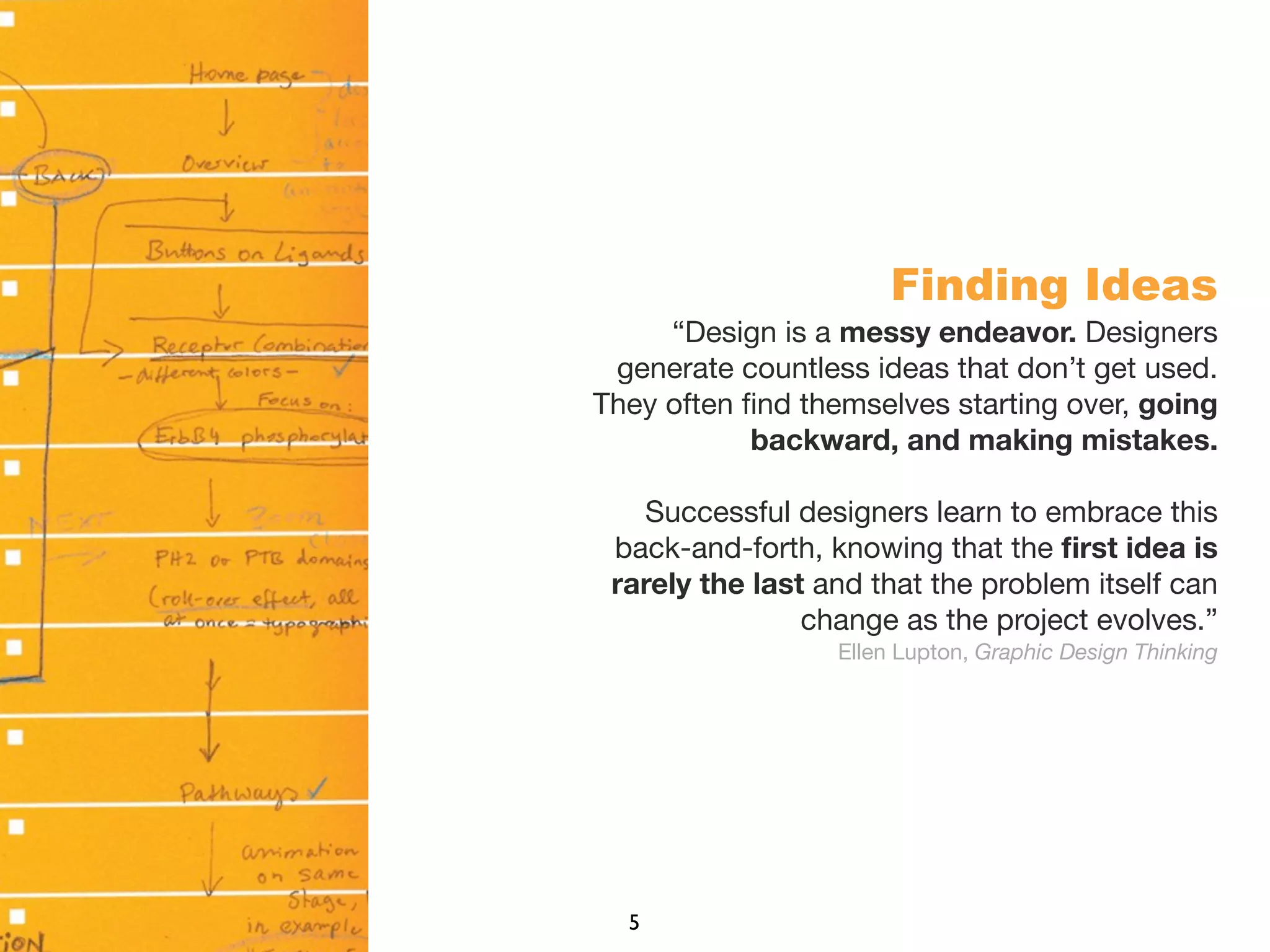 Finding Ideas
“Design is a messy endeavor. Designers
generate countless ideas that don’t get used.
They often ﬁnd themselves starting over, going
backward, and making mistakes.
Successful designers learn to embrace this
back-and-forth, knowing that the ﬁrst idea is
rarely the last and that the problem itself can
change as the project evolves.”
Ellen Lupton, Graphic Design Thinking
5
 