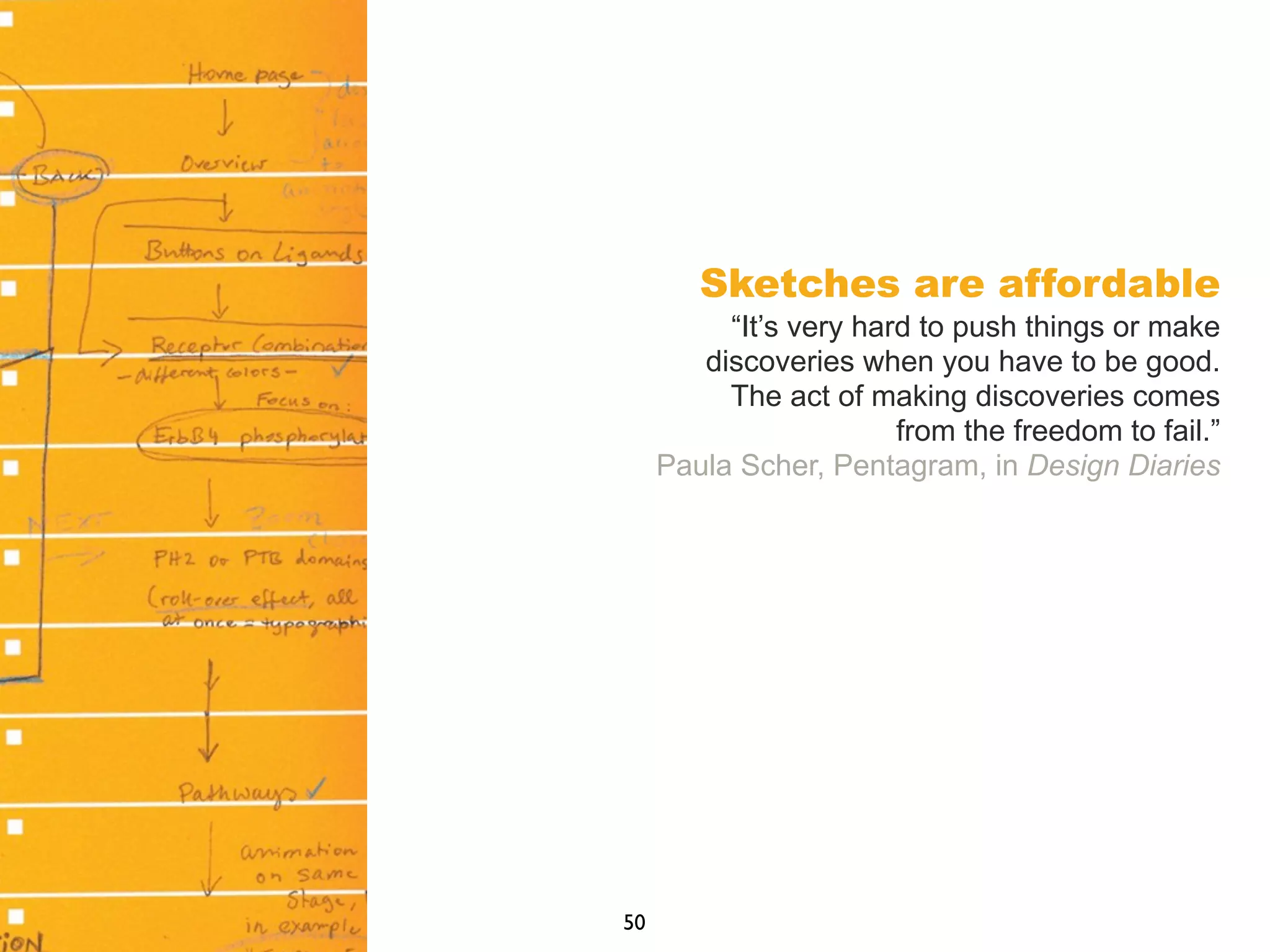 Sketches are affordable
“It’s very hard to push things or make
discoveries when you have to be good.
The act of making discoveries comes
from the freedom to fail.”
Paula Scher, Pentagram, in Design Diaries
50
 