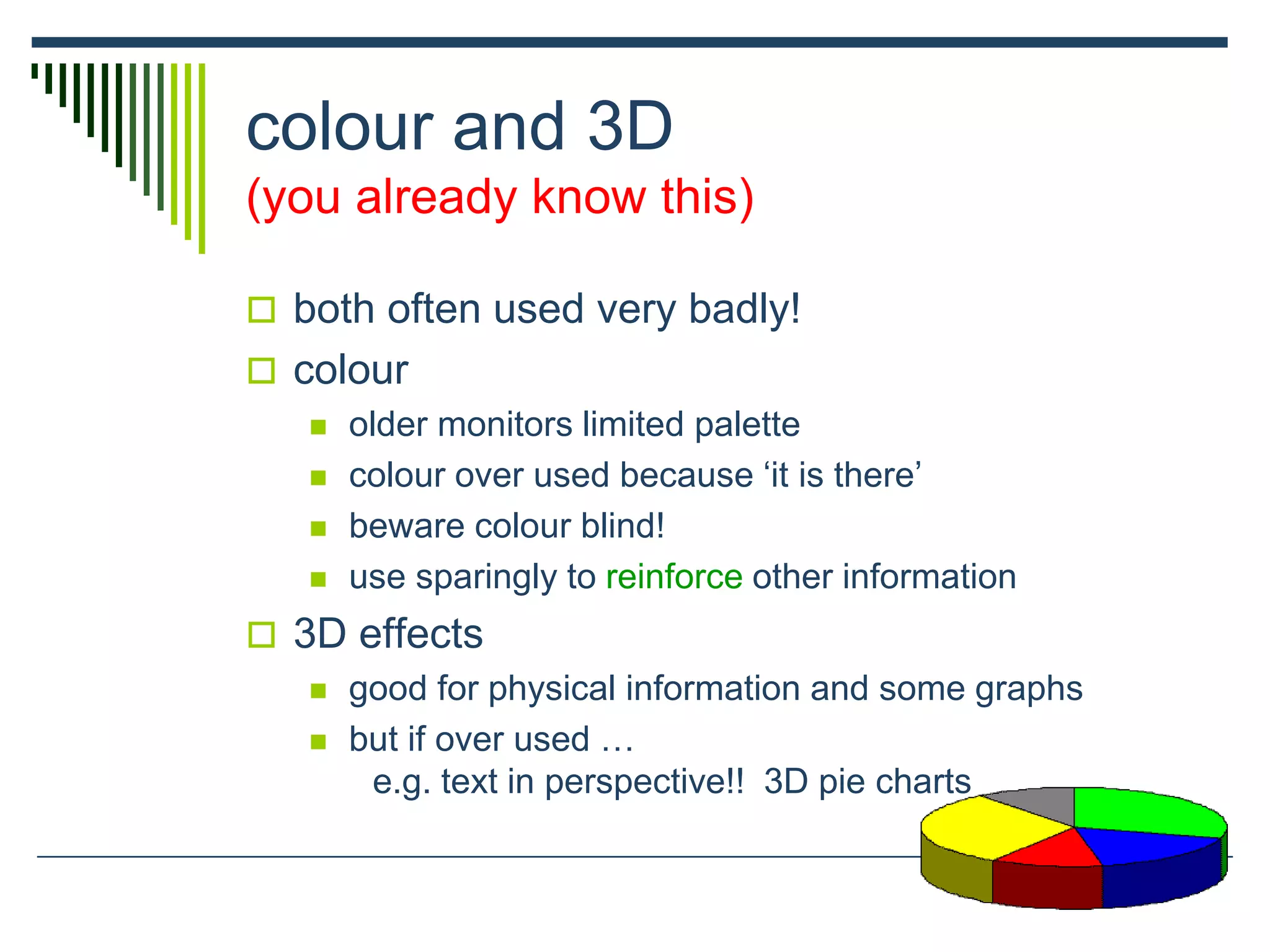 colour and 3D
(you already know this)
 both often used very badly!
 colour
 older monitors limited palette
 colour over used because ‘it is there’
 beware colour blind!
 use sparingly to reinforce other information
 3D effects
 good for physical information and some graphs
 but if over used …
e.g. text in perspective!! 3D pie charts
 