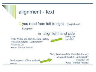 alignment - text
 you read from left to right (English and
European)
 align left hand side
Willy Wonka and the Chocolate Factory
Winston Churchill - A Biography
Wizard of Oz
Xena - Warrior Princess
Willy Wonka and the Chocolate Factory
Winston Churchill - A Biography
Wizard of Oz
Xena - Warrior Princess
fine for special effects but hard
to scan
boring but
readable!
 