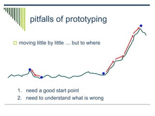 pitfalls of prototyping
 moving little by little … but to where
1. need a good start point
2. need to understand what is wrong
 