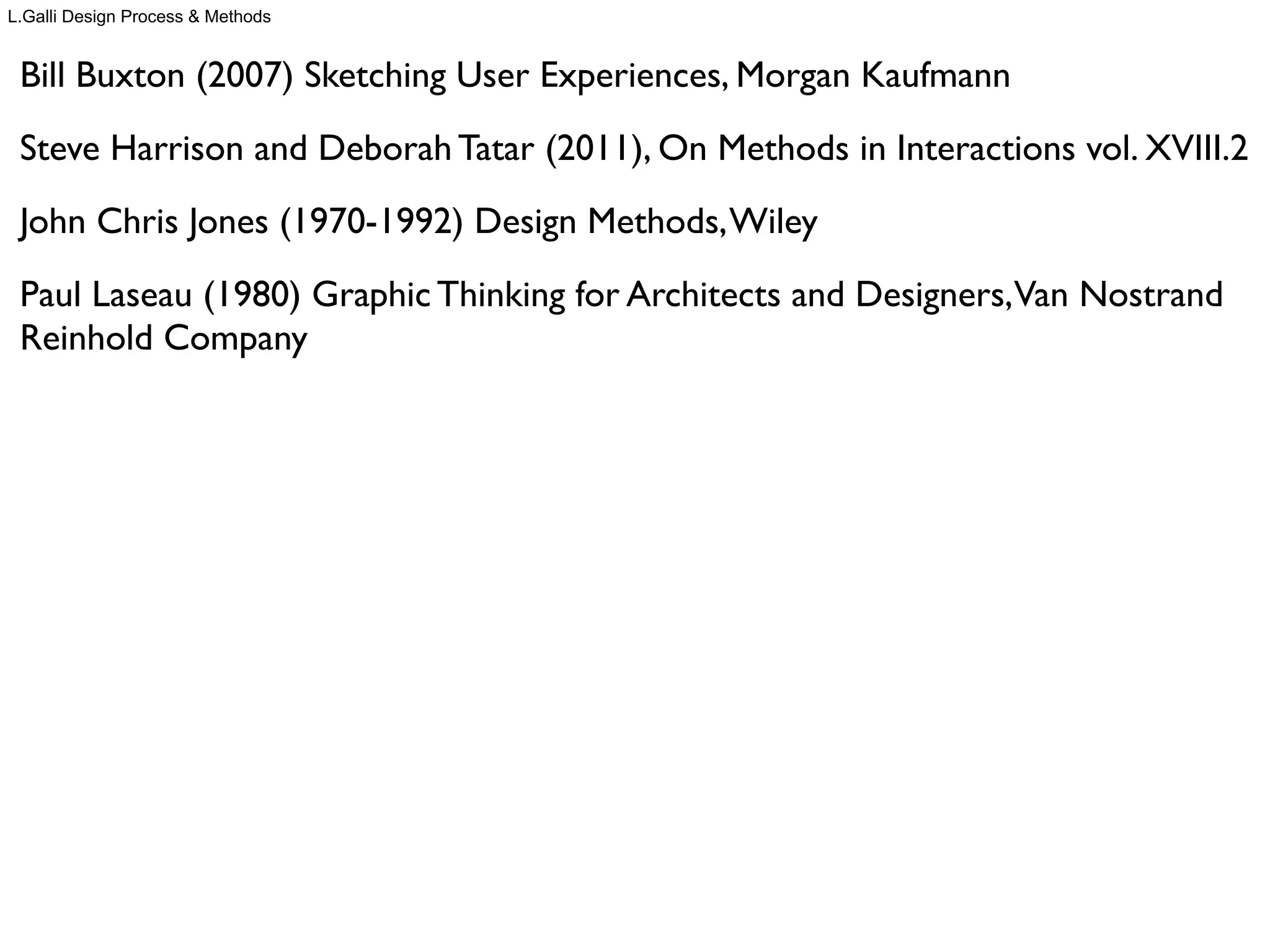 Sketching in HCI [Human-Computer Interaction]
differs in some ways from sketching in other design ﬁelds
[because of] the need to deal with issues such as
interactivity, temporality, tangibility,
immersion, sound and haptics [...]
Daniel Fallman, 2003
L.Galli Design Process & Methods
D.Fallman 2003, Design-oriented Human-Computer Interaction, CHI 2003 Proceedings,ACM
 