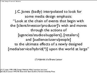 J.C. Jones (badly) interpolated to look for
some media design emphasis:
“Look at the chain of events that begin with
the [client/investor/producer]’s wish and moves
through the actions of
[agencies/studios/suppliers], [retailers]
and [audience/users/people]
to the ultimate effects of a newly designed
[media/service/hybrid(*)] upon the world at large”
cf. J.C. Jones 1970-1992, Design Methods,Wiley; insertions are mine.
See also B. Latour 1993,We have never been modern, Harvard University Press
L.Galli Design Process & Methods
(*) Hybrids à la Bruno Latour
 