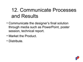 12. Communicate Processes  and Results Communicate the designer’s final solution through media such as PowerPoint, poster session, technical report. Market the Product. Distribute. 