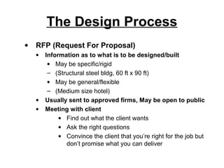 The Design Process
•   RFP (Request For Proposal)
    •   Information as to what is to be designed/built
         • May be specific/rigid
         – (Structural steel bldg, 60 ft x 90 ft)
         • May be general/flexible
         – (Medium size hotel)
    •   Usually sent to approved firms, May be open to public
    •   Meeting with client
             • Find out what the client wants
             • Ask the right questions
             • Convince the client that you’re right for the job but
               don’t promise what you can deliver
 