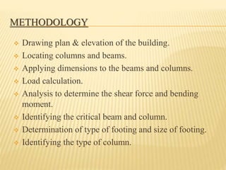 METHODOLOGY
 Drawing plan & elevation of the building.
 Locating columns and beams.
 Applying dimensions to the beams and columns.
 Load calculation.
 Analysis to determine the shear force and bending
moment.
 Identifying the critical beam and column.
 Determination of type of footing and size of footing.
 Identifying the type of column.
 