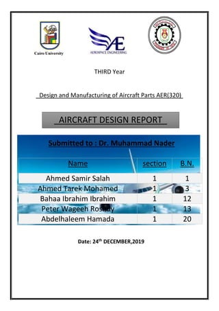 THIRD Year
Design and Manufacturing of Aircraft Parts AER(320)
F
Submitted to : Dr. Muhammad Nader
Date: 24th
DECEMBER,2019
Name section B.N.
Ahmed Samir Salah 1 1
Ahmed Tarek Mohamed 1 3
Bahaa Ibrahim Ibrahim 1 12
Peter Wageeh Roshdy 1 13
Abdelhaleem Hamada 1 20
AIRCRAFT DESIGN REPORT
 