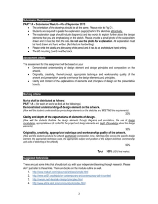 3
Submission Requirement
PART 1A – Submission Week 6 – 4th of September 2015
 The orientation of the drawings should be all the same. Please refer to Fig O1.
 Students are required to paste the explanation page(s) behind the sketches attractively.
 The explanation page should include diagram(s) and key words to explain further about the design
elements that you are emphasising on the sketch. Please provide a small photo of the subject/item
drawn and it must be from the site. Do not use the photo for explanation. All explanation must
be hand drawn and hand written. (Architecture handwriting)
 Please write the labels and title using white pencil and it has to be architecture hand writing.
 The A2 mounting board must be black.
Assessment criteria
The assessment for this assignment will be based on your
 Demonstrated understanding of design element and design principles and composition on the
artwork.
 Originality, creativity, theme/concept, appropriate technique and workmanship quality of the
artwork and presentation boards to enhance the design elements and principles.
 Clarity and content of the explanations of elements and principles of design on the presentation
boards.
Marking criteria
Marks shall be distributed as follows:
PART 1A – (for each art work we look at the followings)
Demonstrated understanding of design element on the artwork.
(How well the students understand & express design elements on the sketches and MEETING the requirements)
20%
Clarity and depth of the explanations of elements of design.
(How well the students illustrate the design elements through diagrams and annotations, the use of design
vocabularies, appropriateness of content to the project and design elements and depth of knowledge about the design
elements)
30%
Originality, creativity, appropriate technique and workmanship quality of the artwork.
(How well the students produce the artwork aesthetically {composition, tone, hatching et})to convey the specific design
element, the appropriate technique used, the appropriate subject and position of the subject sketched, workmanship
and skills of sketching of the artwork)
50%
Total 100% (10% final marks)
Suggested References
These are just some links that should start you with your independent learning through research. Please
don’t just refer to these links. There are books on the module outline as well.
1. http://www.makart.com/resources/artclass/simple.html
2. http://www.art21.org/teach/on-contemporary-art/contemporary-art-in-context
3. http://nwrain.net/~tersiisky/design/principles.html
4. http://www.ehhs.kent.edu/community/vlo/index.html
 