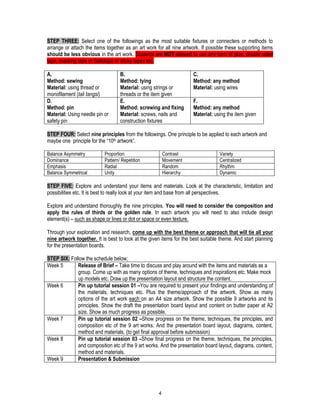 4
STEP THREE: Select one of the followings as the most suitable fixtures or connecters or methods to
arrange or attach the items together as an art work for all nine artwork. If possible these supporting items
should be less obvious in the art work. Students are NOT allowed to use any form of glue, double sided
tape, masking tape or Sellotape or sticky tapes etc.
A.
Method: sewing
Material: using thread or
monofilament (tali tangsi)
B.
Method: tying
Material: using strings or
threads or the item given
C.
Method: any method
Material: using wires
D.
Method: pin
Material: Using needle pin or
safety pin
E.
Method: screwing and fixing
Material: screws, nails and
construction fixtures
F.
Method: any method
Material: using the item given
STEP FOUR: Select nine principles from the followings. One principle to be applied to each artwork and
maybe one principle for the “10th artwork”.
Balance Asymmetry Proportion Contrast Variety
Dominance Pattern/ Repetition Movement Centralized
Emphasis Radial Random Rhythm
Balance Symmetrical Unity Hierarchy Dynamic
STEP FIVE: Explore and understand your items and materials. Look at the characteristic, limitation and
possibilities etc. It is best to really look at your item and base from all perspectives.
Explore and understand thoroughly the nine principles. You will need to consider the composition and
apply the rules of thirds or the golden rule. In each artwork you will need to also include design
element(s) – such as shape or lines or dot or space or even texture.
Through your exploration and research, come up with the best theme or approach that will tie all your
nine artwork together. It is best to look at the given items for the best suitable theme. And start planning
for the presentation boards.
STEP SIX: Follow the schedule below;
Week 5 Release of Brief – Take time to discuss and play around with the items and materials as a
group. Come up with as many options of theme, techniques and inspirations etc. Make mock
up models etc. Draw up the presentation layout and structure the content.
Week 6 Pin up tutorial session 01 –You are required to present your findings and understanding of
the materials, techniques etc. Plus the theme/approach of the artwork. Show as many
options of the art work each on an A4 size artwork. Show the possible 9 artworks and its
principles. Show the draft the presentation board layout and content on butter paper at A2
size. Show as much progress as possible.
Week 7 Pin up tutorial session 02 –Show progress on the theme, techniques, the principles, and
composition etc of the 9 art works. And the presentation board layout, diagrams, content,
method and materials. (to get final approval before submission)
Week 8 Pin up tutorial session 03 –Show final progress on the theme, techniques, the principles,
and composition etc of the 9 art works. And the presentation board layout, diagrams, content,
method and materials.
Week 9 Presentation & Submission
 