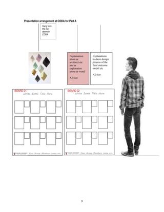 9
Presentation arrangement at CODA for Part A
Write Some Title Here
Your Group Members name etc
Write Some Title Here
Your Group Members name etc
Hang from
the rod
above in
CODA
Explaination
about ur
architect etc
and ur
exploration
about ur word!
A2 size
Explanations
to show design
process of the
final outcome
model etc
A2 size
BOARD 01 BOARD 02
 