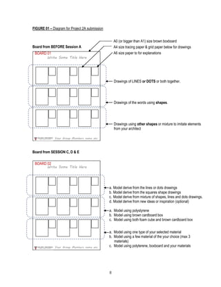 8
FIGURE 01 – Diagram for Project 2A submission
Board from BEFORE Session A
Board from SESSION C, D & E
Drawings of LINES or DOTS or both together.
Drawings of the words using shapes.
Drawings using other shapes or mixture to imitate elements
from your architect
A4 size tracing paper & grid paper below for drawings
A6 size paper to for explanations
A0 (or bigger than A1) size brown boxboard
a. Model derive from the lines or dots drawings
b. Model derive from the squares shape drawings
c. Model derive from mixture of shapes, lines and dots drawings.
d. Model derive from new ideas or inspiration (optional)
a. Model using polystyrene
b. Model using brown cardboard box
c. Model using both foam cube and brown cardboard box
a. Model using one type of your selected material
b. Model using a few material of the your choice (max 3
materials)
c. Model using polyterene, boxboard and your materials
Write Some Title Here
Write Some Title Here
Your Group Members name etc
Your Group Members name etc
BOARD 01
BOARD 02
 