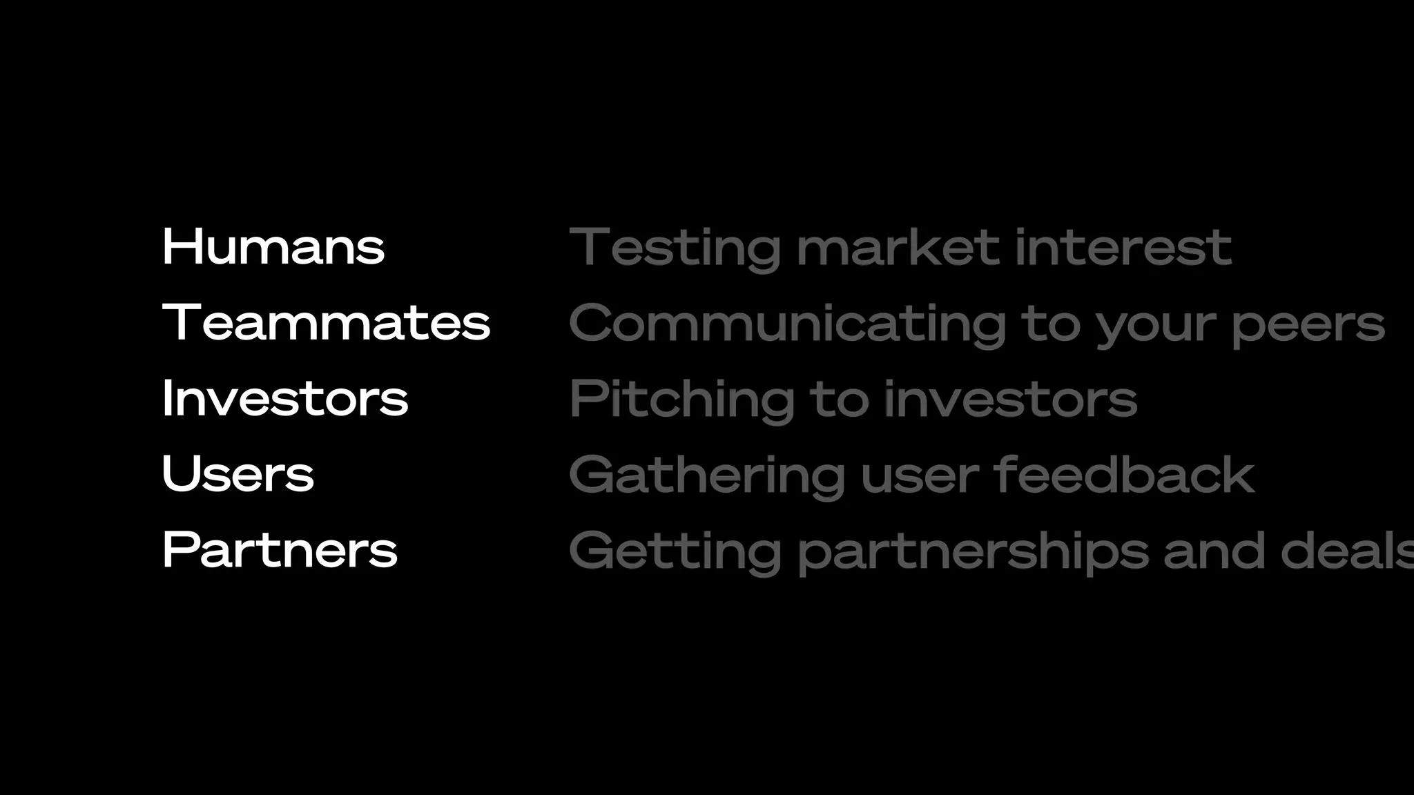 Testing market interest
Communicating to your peers
Pitching to investors
Gathering user feedback
Getting partnerships and deals
Humans
Teammates
Investors
Users
Partners
 