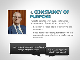 “Create constancy of purpose towards
                      improvement of product and service…”
                      • Establish focused goals of satisfying the
                        customer.
                      • Base decisions on long-term focus of the
                        organization, not short-term performance
                        measures.



User-centered thinking can be achieved
      through integrated teams           This is where Apple and
                                          Google really succeed
 