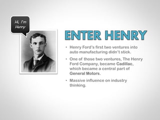 Hi, I’m
Henry.




          • Henry Ford‟s first two ventures into
            auto manufacturing didn‟t stick.
          • One of those two ventures, The Henry
            Ford Company, became Cadillac,
            which became a central part of
            General Motors.
          • Massive influence on industry
            thinking.
 