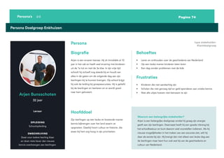 Pagina 74
Persona’s 2/2
Persona Doelgroep Enkhuizen
Sebastiaan Wink
Arjen Bunsschoten
Biografie
Persona
Behoeftes
Leraar
OPLEIDING
Schoolopleiding
OMSCHRIJVING
Staat voor iedere leerling klaar
en doet niets liever dan nieuwe
kennis overbrengen aan leerlingen.
32 jaar
Arjen is een ervaren leeraar. Hij zit inmiddels al 10
jaar in het vak en heeft veel ervaring met kinderen
uit de 1e tot en met de 3e klas. In zijn vrije tijd
schoolt hij zichzelf nog steeds bij en houdt van
alles in de gaten om de volgende dag aan zijn
leerlingen bij te kunnen brengen. Op school krijgt
hij ook de leiding bij groepsexcursies. Hij is geliefd
bij de leerlingen en leerlaren en er wordt goed
naar hem geluistert.
• Leren en onthouden over de geschiedenis van Nederland
• Op een leuke manier kinderen laten leren
• Een dag zonder problemen met de kids
Hoofddoel
Zijn leerlingen op een leuke en boeiende manier
kennis bijbrengen over het land waarin ze
opgroeien. Daarbij hoort cultuur en historie, die
staan bij hem erg hoog in zijn prioriteiten.
Waarom een belangrijke stakeholder?
Arjen is een belangrijke doelgroep omdat hij graag zijn energie
geeft aan zijn leerlingen. Daarnaast heeft hij een goede inbreng bij
het schoolbestuur en kunt daarom veel voorstellen indienen. Als hij
nieuwe mogelijkheden in het maken van een excursie ziet, wilt hij
daar als eerste bij zijn. Hij brengt dan niet alleen een leuke dag aan
de leerlingen maar leert hun ook wat bij van de geschiedenis en
cultuur van Nederland.
Frustraties
• Kinderen die niet aandachtig zijn
• Scholen die niet genoeg tijd en geld spenderen aan unieke kennis
• Niet alle uitjes hoeven niet-leerzaam te zijn
type stakeholder:
Klantdoelgroep
 