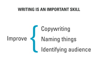 {Improve
Copywriting
Naming things
Identifying audience
WRITING IS AN IMPORTANT SKILL
 