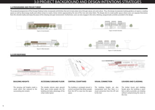 10
3.0 PROJECT BACKGROUND AND DESIGN INTENTIONS STRATEGIES
3.4 PROGRAMME AND PROJECT BRIEF
The proposed programmes of the Arscape Healing Center incorporate activitivities that aim to heal urban stress through nature, arts and culture. Thus, the design incorporates healing gardens, art spaces, a reading
spaces as well as dance/yoga studio and utilises ramps to create a linear motion appreaciating the view of the river and urban fabric. The design aims to create public spaces where users can separate themselves
from the stressful reality and enjoy the peace of the relaxing‘artscape’environment. Furthermore, users can also engage in the stress relieving programmatic activities provided in the design.
3.5 SITE RESPONSE
BUILDING HEIGHTS
The varrying roof heights create a
visual rythm that respond to the
surrounding site context.
ACCESSIBLE GROUND FLOOR
The double volume open ground
floor space invites people into the
building and takes advantage of the
urban nodes layout.
CENTRAL COURTYARD
The building is arranged around a
central courtyard that allows people
from the LRT to view into the open
space.
VISUAL CONNECTION
The building heights are also
manipulated such that there is a
visual connection from the LRT and
to the river.
LOUVERS AND CLADDING
The timber louver and cladding
facade gives the building a warm
feel as well as provides sun shading
without compromising the views to
the river.
Figure 3.4: East elevation
Figure 3.5: West elevation
Figure 3.6: North elevation
Figure 3.7: South elevation
 
