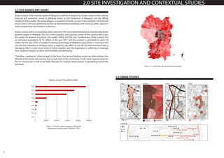 6
2.0 SITE INVESTIGATION AND CONTEXTUAL STUDIES
2.4 URBAN STUDIES
2.3 SITE SIGNIFICANT ISSUES
Kuala Lumpur is the national capital of Malaysia as well as its largest city. Kuala Lumpur is the cultural,
financial and economic centre of Malaysia, home to the Parliament of Malaysia, and the official
residence of the Sultan, the Istana Negara. A weakness of Kuala Lumpur is the imbalance of work and
leisure due to the overwhelming number of administrative buildings with minimal public spaces in
which people have the freedom to destress.
Kuala Lumpur and its surrounding urban areas form the most industrialised and economically fastest
growing region in Malaysia. The city is the economic and business center of the country and is also
the center for finance, insurance, real estate, media and the arts. Furthermore, Kuala Lumpur has
an estimated population of 7.2 million in the year 2017 and this number is estimated to reach 9.4
million by the year 2030. A rapidly increasing percentage of Malaysia’s population is moving to the
city and this migration is bringing with it a negative side effect as city life has been found to have a
damaging effect on the stress levels of urban dwellers and the population is suffering increasingly
from negative impacts on their mental health and well-being.
Therefore, creating an“urban escape”in the form of an art and healing centre can help enhance the
lifestyle of the locals and improve the mental state of the community. It will create opportunities for
the art community as well as facilitate diversity for creative entrepreneurs in generating income for
the locals.
Kuala Lumpur Population Data
Figure 2.10: Kuala Lumpur population data graph
Adapted from: (Kuala Lumpur Population, 2016)
Figure 2.11: Population density within Kuala Lumpur
 