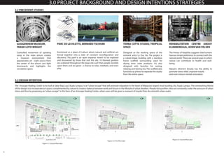 9
3.0 PROJECT BACKGROUND AND DESIGN INTENTIONS STRATEGIES
GUGGENHEIM MUSEUM,
FRANK LOYD WRIGHT
Controlled movement of spiraling
ramp in the main atrium creates
a museum environment that
appreaciates art . Light source from
the center of the atrium cast light
downwards and highlights the
circulation space.
PARC DE LA VILETTE, BERNARD TSCHUMI
Envisioned as a place of culture where natural and artificial are
forced together into a state of constant reconfiguration and
discovery. The park is an open expanse meant to be explored
and discovered by those that visit the site. 10 themed gardens
are scattered throughout the large site such that people stumble
upon them and are given a chance to relax, meditate, and even
play.
TERRA COTTA STUDIO, TROPICAL
SPACE
Designed as the working space of the
eminent artist Le Duc Ha. The project is
a cubed-shape building with a bamboo
frame scaffold surrounding used for
drying terra cotta products. It’s also
designed with benches for resting,
relaxing and having tea. The scaffold also
functions as a fence to separate the studio
from the entire space.
REHABILITATION CENTRE GROOT
KLIMMENDAAL, KOEN VAN VELSEN
The theory of biophilia suggests that humans
have an innate preference to connect with the
natural world. There are several ways in which
nature can contribute to health and well-
being.
Nature’s inherent beauty has the ability to
promote stress relief, improve moods
and even induce mental restoration.
3.2 PRECEDENT STUDIES
3.3 DESIGN INTENTION
The Artscape Healing Center to be buit at Jalan Raja Laut, Kuala Lumpur, is an“urban escape”that will promote relaxation in the heart of Malaysia’s largest most bustling city, Kuala Lumpur. The overeaching theme
of the design is to incorporate art spaces complimented by nature to create a balance between work and leisure in the lifestyle of urban dwellers. People living within cities are constantly under the pressure of urban
stress and thus by proposing an“urban escape“ in the form of an Artscape Healing Center, urban users will be given a moment of respite from the stressful urban realm.
Figure 3.1: Ground floor plan
Figure 3.2: First floor plan
Figure 3.3: Second floor plan
 