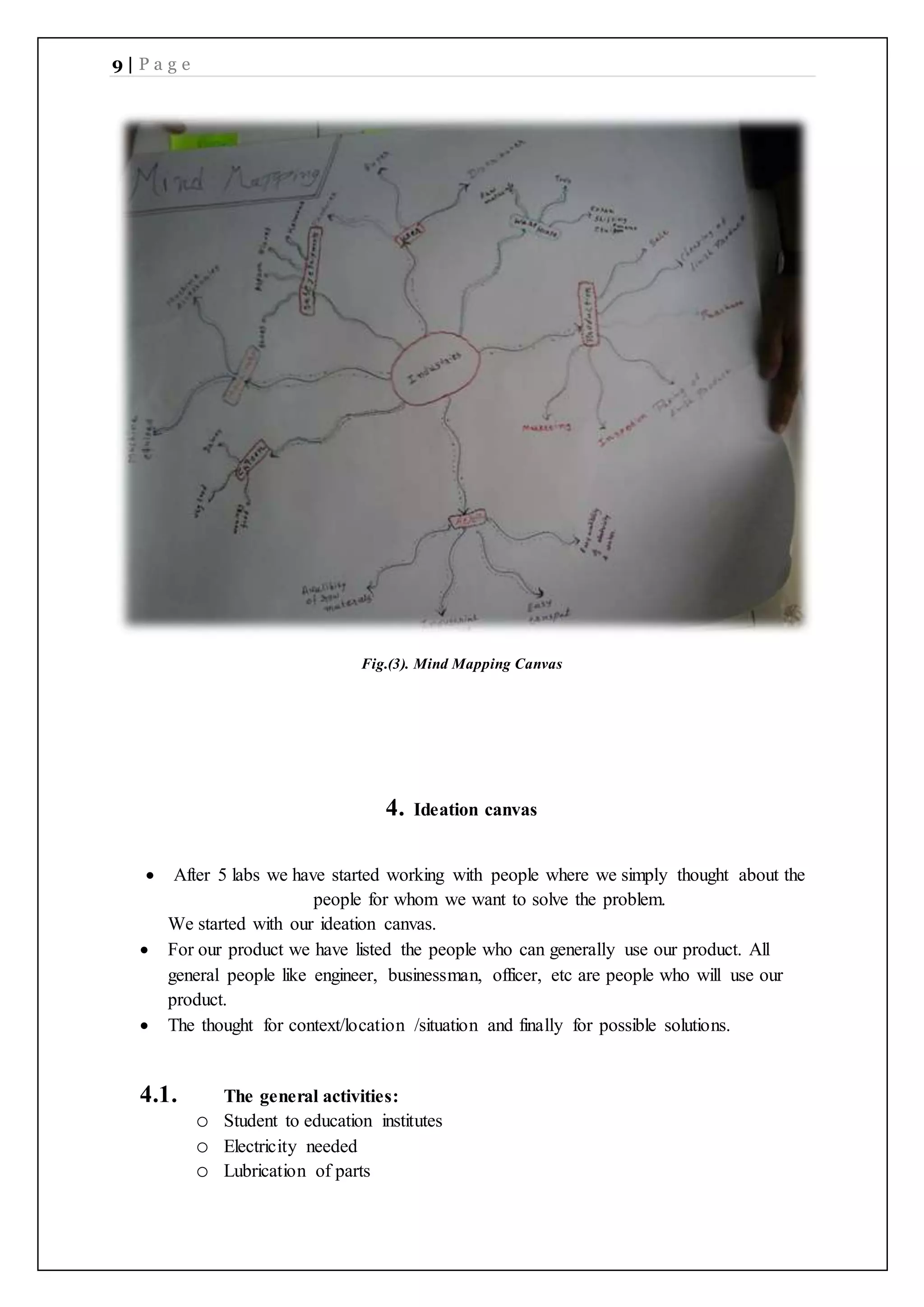 9 | P a g e
Fig.(3). Mind Mapping Canvas
4. Ideation canvas
 After 5 labs we have started working with people where we simply thought about the
people for whom we want to solve the problem.
We started with our ideation canvas.
 For our product we have listed the people who can generally use our product. All
general people like engineer, businessman, officer, etc are people who will use our
product.
 The thought for context/location /situation and finally for possible solutions.
4.1. The general activities:
o Student to education institutes
o Electricity needed
o Lubrication of parts
 