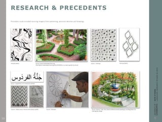 RESEARCH & PRECEDENTS
Precedent study included sourcing imagery from patterning, personal sketches and drawings.
Personal sketch Source: Green3.banksideprimary.org.
http://green3.banksideprimary.org/2012/07/09/this-is-a-islamic-garden-by-imran/
Source: Unknown Personal sketch
Source: Supplied by a CIC community member
Source: Unknown Source: Haiman, Todd. http://www.toddhaimanlandscapedesign.com/blog//ideas-for-
small-garden-design
Source: Clarke, Emma. The Art of the Islamic Garden
10
 