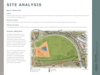 SITE ANALYSIS
B U I LT A N A LY S I S
Utilities
Graphical studies were done on the existing open concrete storm water drain, electrical power lines and underground service utilities. All this was necessary in order to
move forward into the design process.
Vehicular Circulation
A study of the vehicular circulation was important to the design process as it demonstrated visual cues, safety, parking and impervious surfaces.
Pedestrian Circulation
Understanding pedestrian flow and connections in and around the site were useful in establishing new and stronger connections that were coherent and purposeful.
V I S U A L A N A LY S I S
Hard edges and the extensive use of
concrete in and around the Canberra
Islamic Centre created a rigid
environment that was not conducive
to social interaction and environmental
aesthetics. These hard edges were also
evident in the adjacent space through
the open concrete drainage system.
The use of concrete, mainly within the
Centre’s car parking area, created a
heat island effect and lackluster
atmosphere. By introducing pockets
of vegetation and natural buffering
elements, these unappealing views
broke up sight lines, created separation
and reduced visual confusion.
13
 