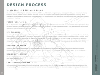 DESIGN PROCESS
V I S U A L A N A LY S I S & S C H E M AT I C D E S I G N
Visual analysis for both the CIC garden and Canberra Centenary Trail Park included conceptual diagramming and sketches, photo cataloguing and computer imagery.
Preliminary schematic diagrams assisted in exploring alternatives, solutions and assisted visual thinking without the rigidity of programmatic constraints. These
drawings and conceptual diagrams also performed an integral addition to the overall process as these early sketches confirmed concept ideas, design intent, circulation
links and spatial structuring.
P U B L I C FA C I L I TAT I O N
The use of participatory community forums increased the success of this project. Through the analysis of users needs and wants, creative solutions were formed which
met project objectives. Documentation from such forums was a useful guide and reference tool going forward in this project. Public Relation activities also increased
awareness of the project and provided community feedback.
S I T E P L A N N I N G
Site planning for this project incorporated pedestrian circulation, entry and exist points, recreational facilities, cultural inclusions, environmental influences, visual cues,
spatial structuring and social interaction. Site planning for both the CIC garden and Canberra Centenary Trail Park looked at vicinity and geographical mapping. These
maps provided information on adjacent land use, opportunities and constraints that existed in and around the site areas. Through site inventories and background
research, concept formulation and development became available for preliminary design formulation. Additional research into the National Capital Open Space System
provided insight into Canberra’s need for an integrated open space system and the importance of recreational patterning and attitudes towards territory planning.
P R E L I M I N A R Y D E S I G N
Preliminary design concepts were generated and tested according to the opportunities and constraints of the landscape characteristics and client consultation.
Landscape characteristics were assessed according to their importance within the hierarchy of the project and value was added to balance out any discrepancies.
D E S I G N D E V E L O P M E N T
The design development stage confirmed earlier decisions and explorative investigations, allowing for a detailed design to evolve that was coherent and included a
sense of place (identity of place).
C O N S T R U C T I O N D O C U M E N T S
Construction documents became graphic conclusions to the design process, including plant and material choices, methods of detail construction and finishes. Plans
and sections drawn to scale were used to communicate information to the viewer. Accuracy and clarity of these documents were essential to explain the design intent.
19
 