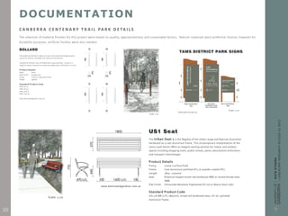 DOCUMENTATION
C A N B E R R A C E N T E N A R Y T R A I L PA R K D E TA I L S
The selection of material finishes for this project were based on quality, appropriateness and sustainable factors. Natural materials were preferred choices, however for
durability purposes, artificial finishes were also needed.
29
 