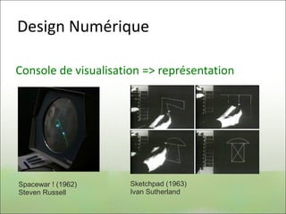 Design Numérique
Console de visualisation => représentation
Spacewar ! (1962)
Steven Russell
Sketchpad (1963)
Ivan Sutherland
 