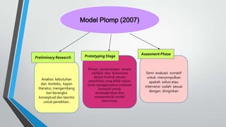 Model Plomp (2007)
Analisis kebutuhan
dan konteks, kajian
literatur, mengembang
kan kerangka
konseptual dan teoritis
untuk penelitian.
Preliminary Research
Semi evaluasi sumatif
untuk menyimpulkan
apakah solusi atau
intervensi sudah sesuai
dengan diinginkan
Proses perancangan secara
siklikal dan berurutan
dalam bentuk proses
penelitian yang lebih mikro
serta menggunakan evaluasi
formatif untuk
meningkatkan dan
memperbaiki model
intervensi.
Assesment Phase
Prototyping Stage
 