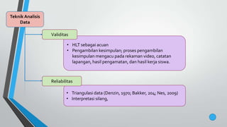 Teknik Analisis
Data
• HLT sebagai acuan
• Pengambilan kesimpulan; proses pengambilan
kesimpulan mengacu pada rekaman video, catatan
lapangan, hasil pengamatan, dan hasil kerja siswa.
• Triangulasi data (Denzin, 1970; Bakker, 204; Nes, 2009)
• Interpretasi silang,
Reliabilitas
Validitas
 