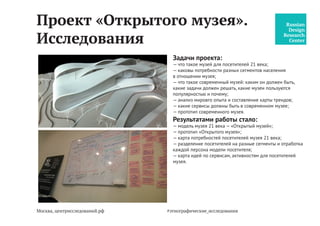 Москва, центрисследований.рф #этнографические_исследования
Образовательный ресурс
«На плоту». Исследования
Задачи клиента:
— тестирование прототипа образовательного сервиса
для детей и их родителей;
— понимание, каковы реальные потребности пользователей
сервиса (составление «Портрета Пользователя»);
— каким образом клиенты польлзуются сервисом:
что понимают, что не понимают, чего не хватает;
— образовательная система в школах - проблемы системы;
— мониторинг рынка образовательных услуг (дополнитель-
ное образование);
— каким образом должен работать сервис для детей, что им
требуется для вовлечения;
— анализ сайта, контента и выявление проблемных зон.
Результатами работы стало:
— карта проблем для дальнейшей работы по сайту и измене-
нию его контента;
— рекомендации по позиционированию ресурса в социаль-
ных сетях;
— рекомендации по модели коммуникаций с клиентами
ресурса;
— рекомендации по сервисам на ресурсе для детей;
— рекомендации по вовлечению клиентов в услуги сети;
— карта потребностей потенциальных клиентов ресурса.
 