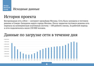 4
История проекта
Беспроводная сеть с2free — интернет провайдер Москвы. Сеть была запущена в тестовом
режиме в Северо-Западном округе города Москвы. После закрытия тестового режима сеть
перешла на коммерческую платежную систему —100 рублей в месяц. За рабочий период
к сети подключилось около 250 000 человек.
Данные по загрузке сети в течение дня
Исходные данные
 