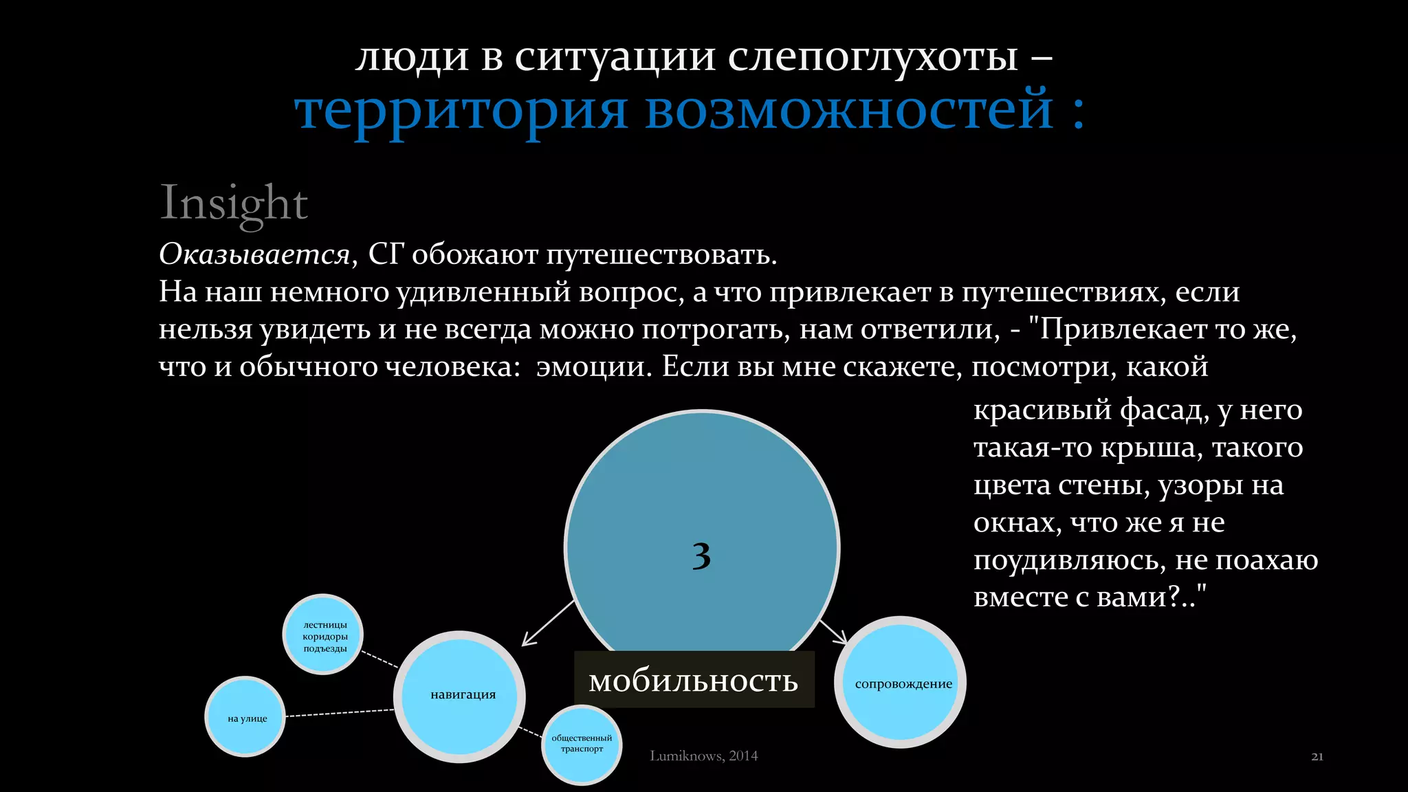 люди в ситуации слепоглухоты –
территория возможностей :
3
сопровождение
навигация
на улице
лестницы
коридоры
подъезды
мобильность
общественный
транспорт
Insight
Оказывается, СГ обожают путешествовать.
На наш немного удивленный вопрос, а что привлекает в путешествиях, если
нельзя увидеть и не всегда можно потрогать, нам ответили, - "Привлекает то же,
что и обычного человека: эмоции. Если вы мне скажете, посмотри, какой
красивый фасад, у него
такая-то крыша, такого
цвета стены, узоры на
окнах, что же я не
поудивляюсь, не поахаю
вместе с вами?.."
Lumiknows, 2014 21
 