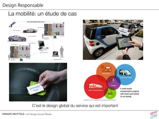 Design Responsable 
La mobilité: un étude de cas 
C’est le design global du service qui est important 
IGNAZIO MOTTOLA UX Design,Social Media 
 