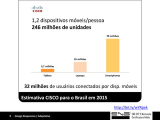 1,2 dispositivos móveis/pessoa
                  246 milhões de unidades




            32 milhões de usuários conectados por disp. móveis

         Estimativa CISCO para o Brasil em 2015
                                                   http://bit.ly/wYRpek

9 - Design Responsivo / Adaptativo
 